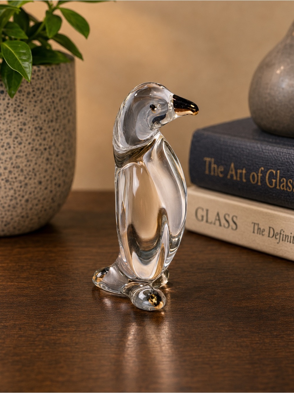 hand-blown clear glass penguin figurine 2”